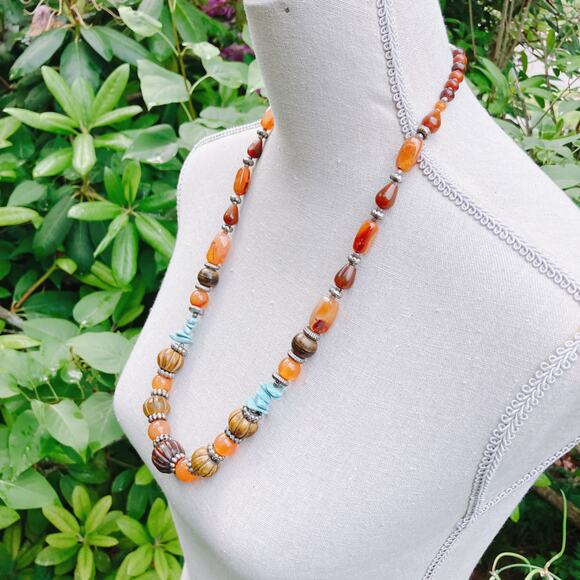 Y2K Carnelian Howlite Glass Wood Boho Artisan Chunky Beaded Necklace 27" - Picture 9 of 11